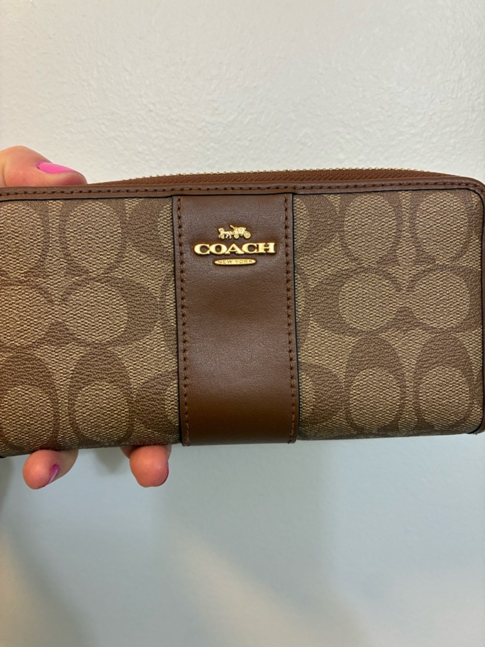 Coach Brown Signature PVC Leather Accordian Zip Wallet